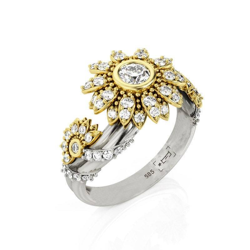 Blumen Moissanit Verlobungsring Zweifarbiges 14K Gold Filligran Blumen Moissanit Verlobungsring Zweifarbiges 14K Gold Filligran von PrimeElement