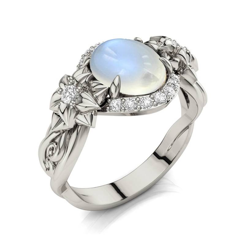Blumen Mondstein Verlobungsring 14K Weißgold, Handgemachtes Einzigartiges Design von PrimeElement