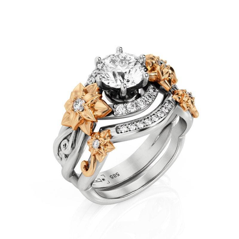 Floral Moissanite Verlobungsring Set 14K Zweifarbiges Gold Filigree Braut Set von PrimeElement