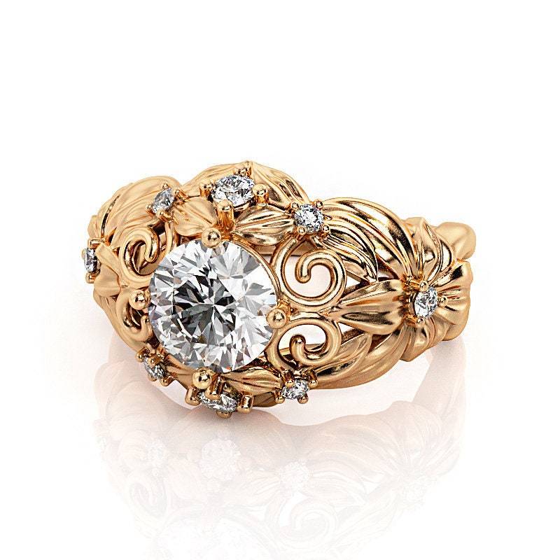 Florales Moissanit Verlobungsring Set 14K Rosegold Blätter von PrimeElement