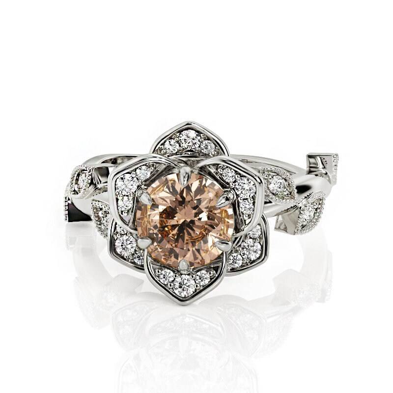 Handgemachte 14K Weißgold Lotus Morganit Diamant Verlobungsring von PrimeElement