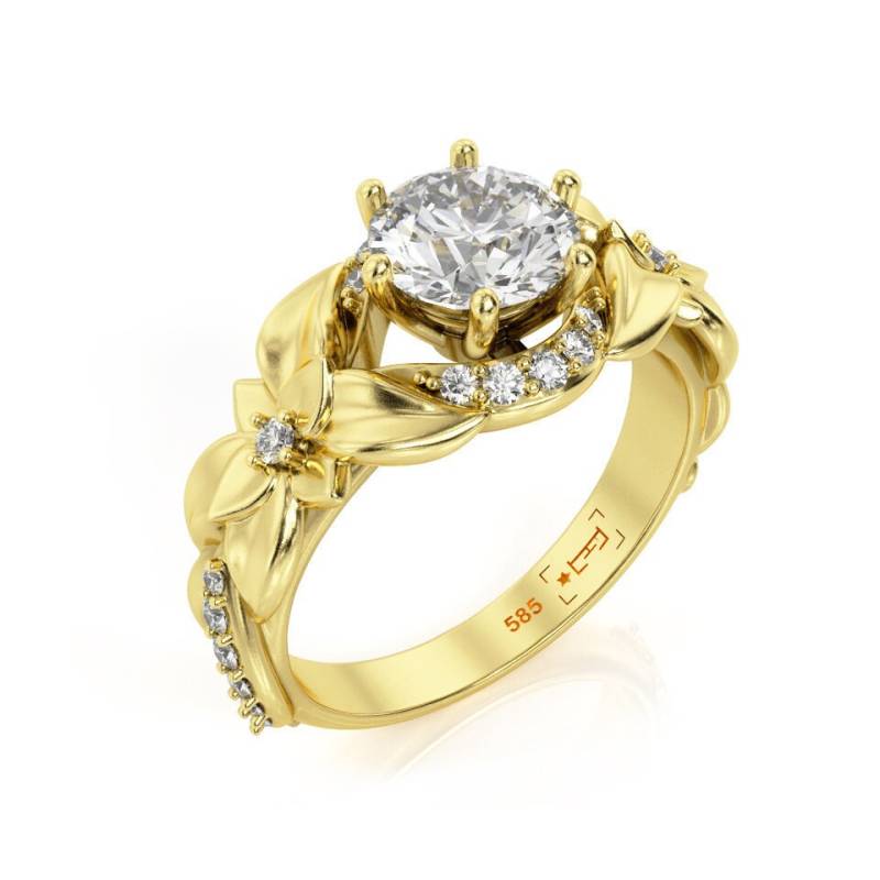 Handgemachter Verlobungsring 14K Gold Blätter 1Ct Moissanit von PrimeElement