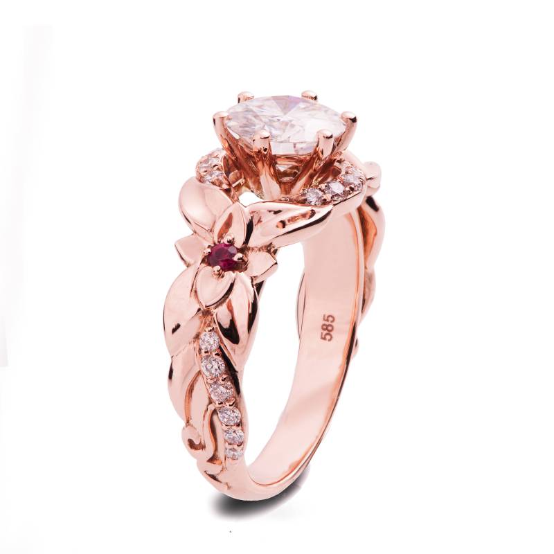Handgemachter Verlobungsring Aus 14K Rosegold Blätter 1 Karat Moissanit, Rubine von PrimeElement