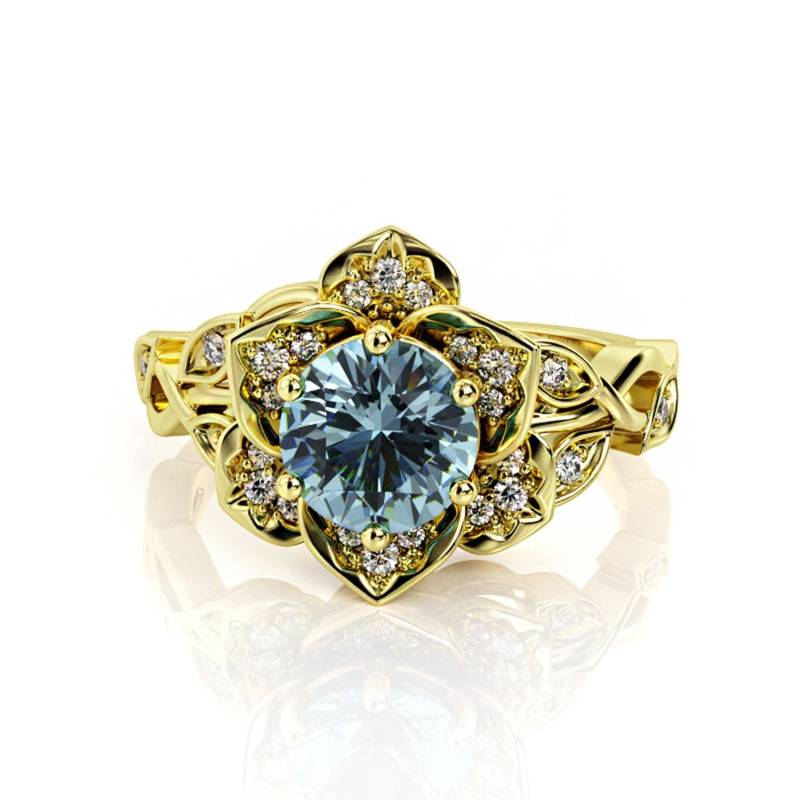 Lotus Aquamarin Verlobungsring 14K Gold Floral Design von PrimeElement