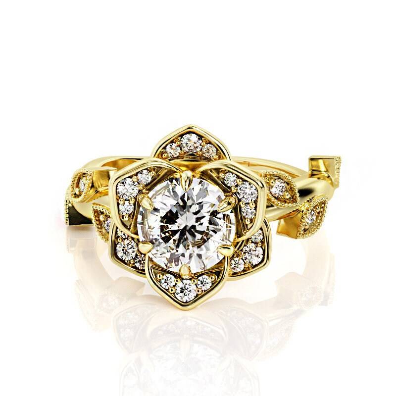 Lotus Blume 14K Gold Moissanit Verlobungsring Vintage Filigree von PrimeElement