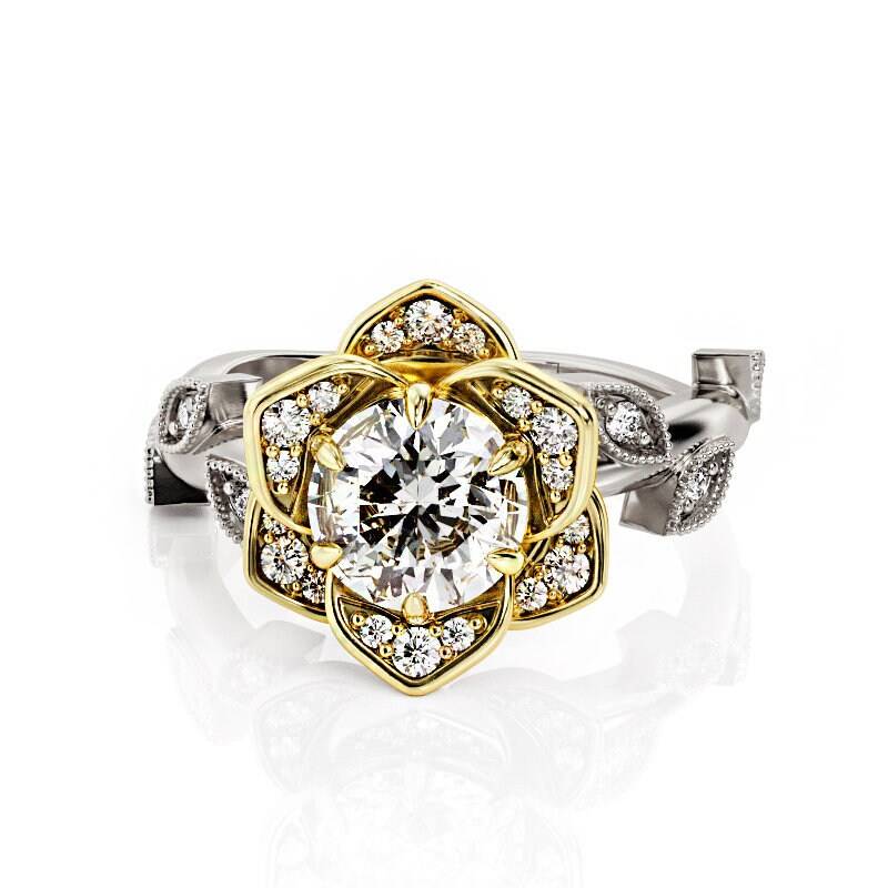 Lotus Moissanite Verlobungsring Zweifarbiger Filigraner, Vintage-stil von PrimeElement