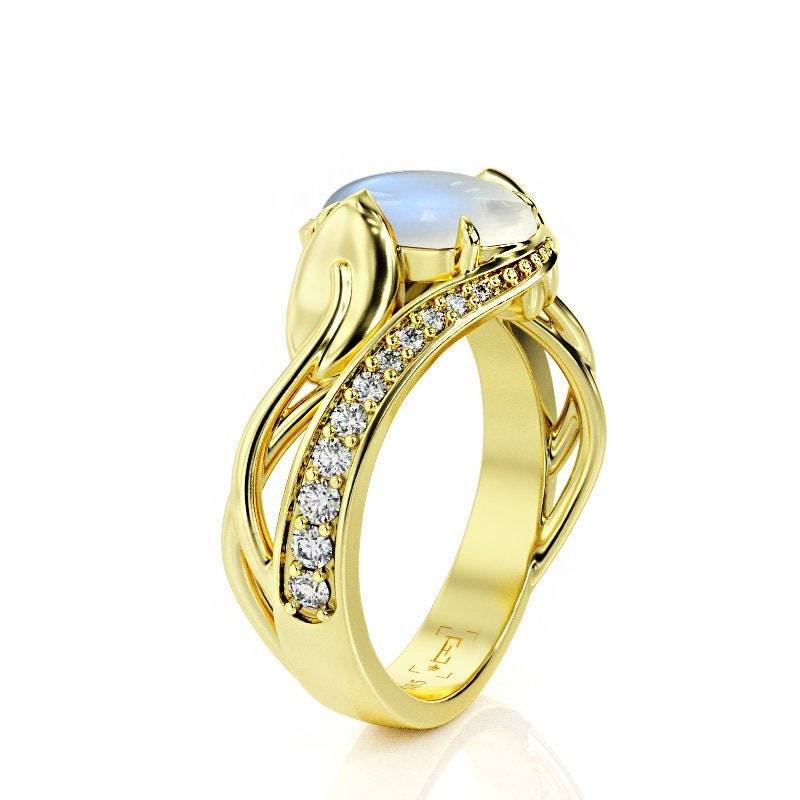 Mondstein Blatt Verlobungsring 14K Gelbgold, Einzigartiges Design Mondstein Blatt Verlobungsring 14K Gelbgold, Einzigartiges Design von PrimeElement