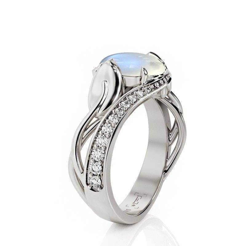 Mondstein Blatt Verlobungsring 14K Weißgold, Handgemacht von PrimeElement