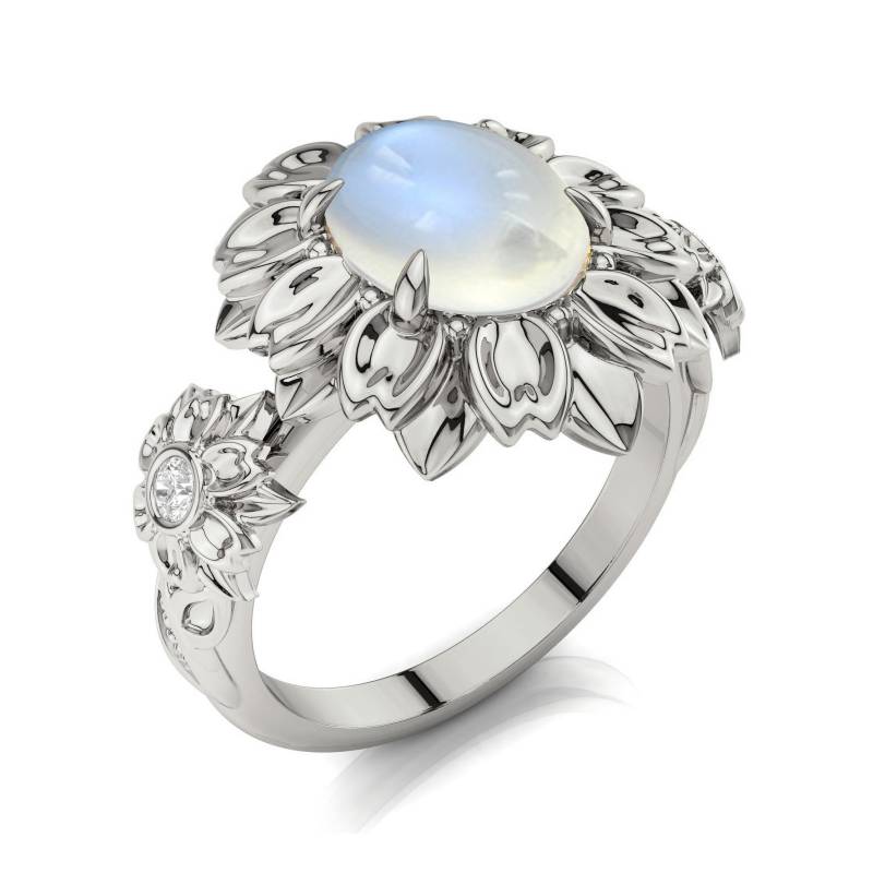 Mondstein Blume Verlobungsring Zweifarbiges 14K Gold Blätter von PrimeElement