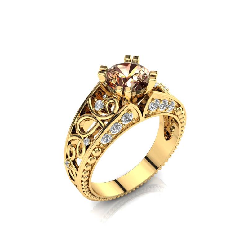 Morganit Art Deco 14K Gold Verlobungsring Mit Moissanit von PrimeElement