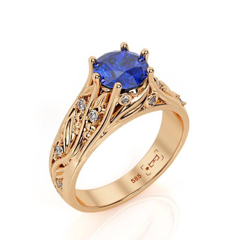 Rosegold Saphir Verlobungsring Blatt Design, Moissanite Akzente von PrimeElement