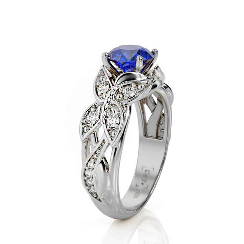 Saphir Schmetterling Verlobungsring 14K Weißgold, Moissanit Akzente von PrimeElement