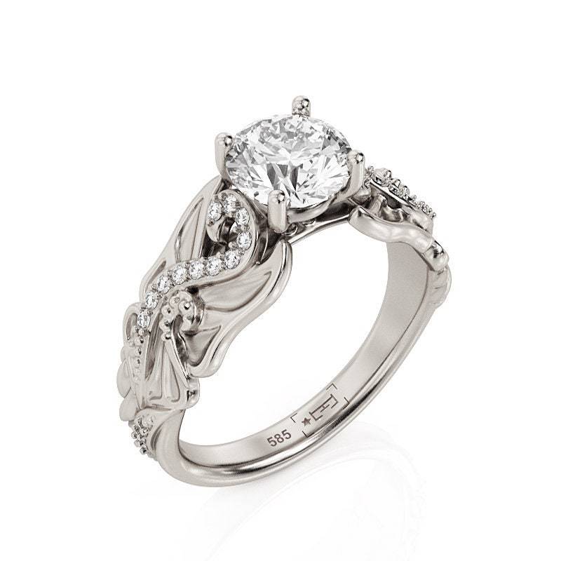 Schmetterling Moissanit Verlobungsring 14K Weißgold Filigree von PrimeElement