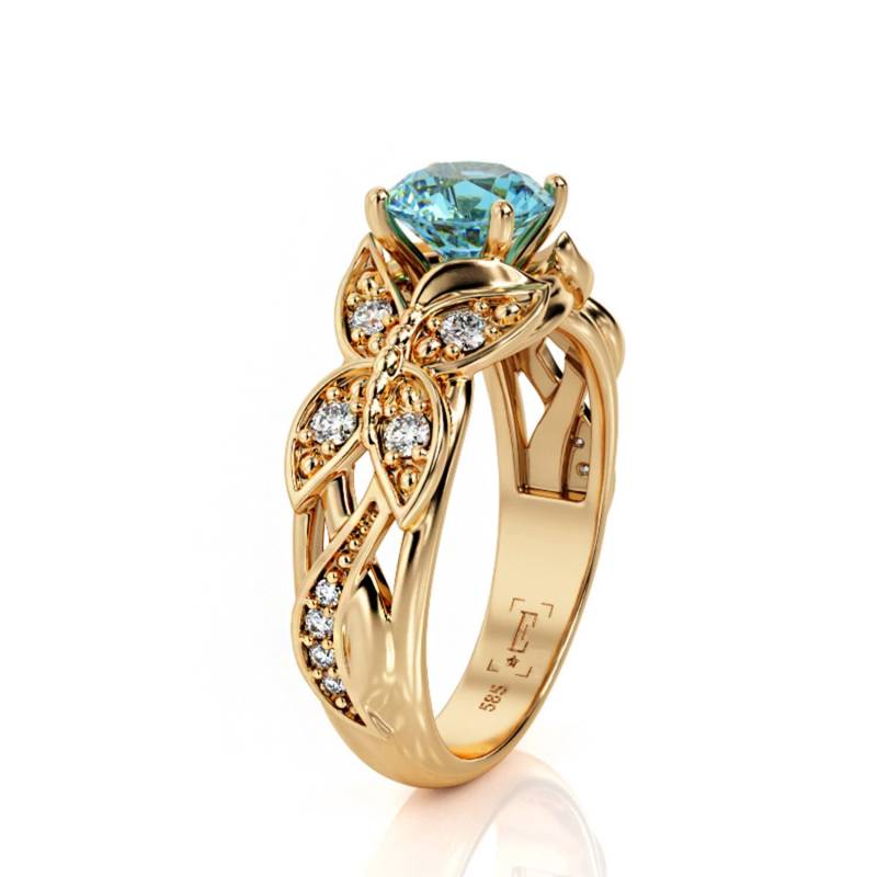 Schmetterling Verlobungsring 14K Roségold, Blautopas & Moissanit von PrimeElement
