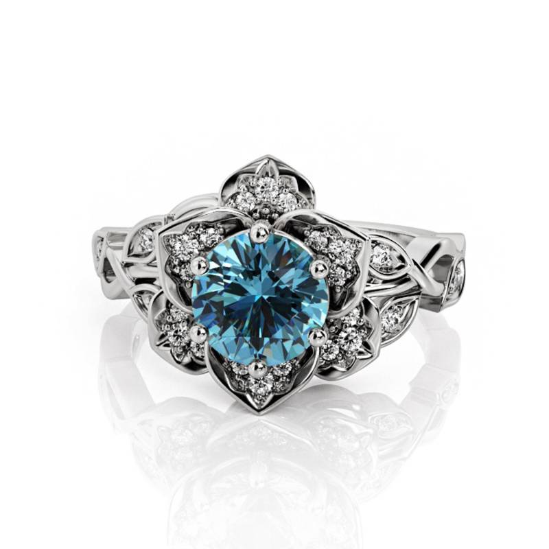 Vintage Blautopas Lotus Verlobungsring, 14K Weissgold von PrimeElement