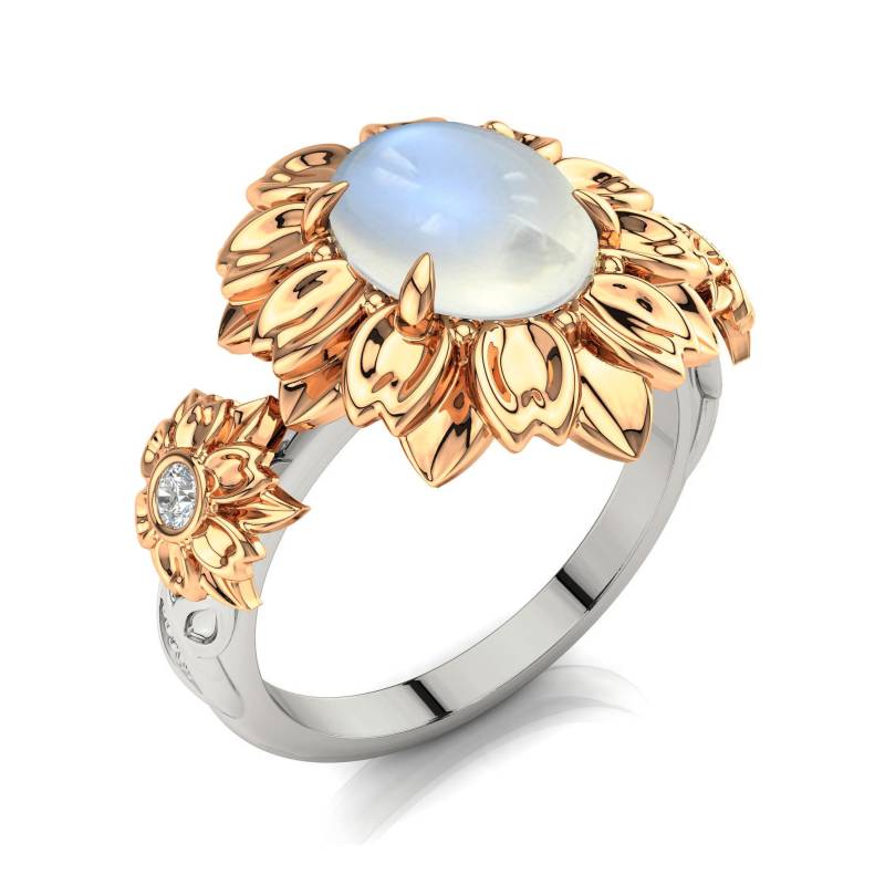 Zweifarbiger Mondstein Blumen Verlobungsring 14K Gold Blätter von PrimeElement