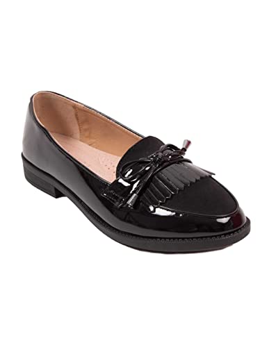 Damen-Mokassins aus Lackleder – flache Schuhe, elegant und bequem, Innenleder mit Fransen und Schleife, schwarzer Lack, 40 EU Damen-Mokassins aus Lackleder – flache Schuhe, elegant und bequem, Innenleder mit Fransen und Schleife, schwarzer Lack, 40 EU von Primtex