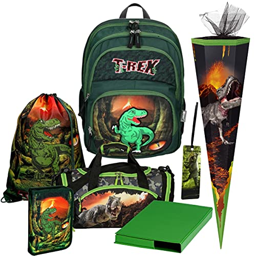 Primus-Versand T-REX - Dinosaurier - SPIRIT Soft 3D - Schulranzen-Set 7 tlg. mit FEDERMAPPE, SPORTTASCHE und SCHULTÜTE - HEFTBOX und LESEZEICHEN GRATIS von Primus-Versand