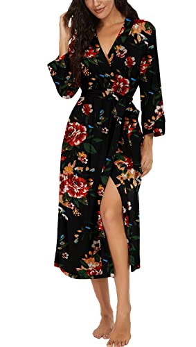 PrinStory Bademantel Damen Weich Morgenmantel Kimono V-Ausschnitt Reisebademantel Leicht Nachtwäsche Lang Saunamantel (FP-Braun Schwarz, L) von PrinStory