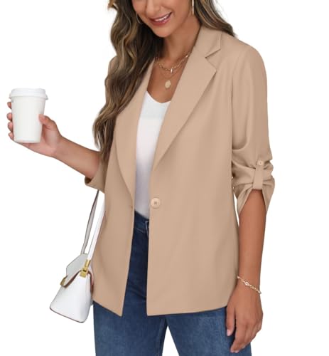PrinStory Blazer Damen Business Büro Longblazer Verstellbare 3/4 Lange Ärmel Revers Blazer Sportlich Elegant Sakko Jack Trenchcoat (Aprikose, 46) von PrinStory