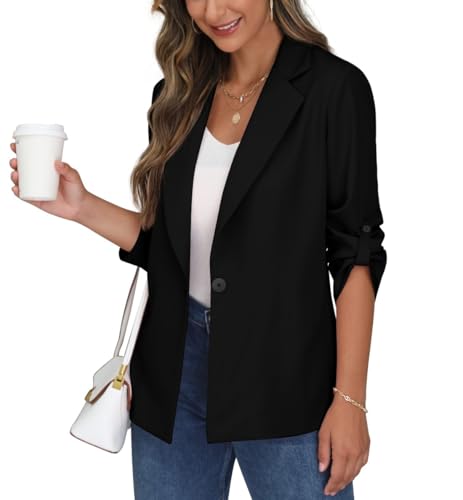 PrinStory Blazer Damen Business Büro Longblazer Verstellbare 3/4 Lange Ärmel Revers Blazer Sportlich Elegant Sakko Jack Trenchcoat (Schwarz, 40) von PrinStory