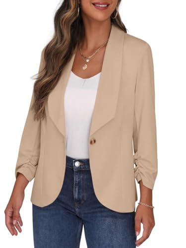 PrinStory Blazer Damen Sportlich Elegant 3/4 Ärmel Blazer Büro Female Geschäft Dressy Jack Outfits Für Die Arbeit (Helles Khaki, US 18, EU 48) von PrinStory