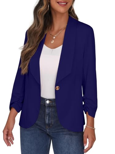 PrinStory Blazer Damen Sportlich Elegant 3/4 Ärmel Blazer Büro Female Geschäft Dressy Jack Outfits Für Die Arbeit (Tiefblau, US 8, EU 38) von PrinStory