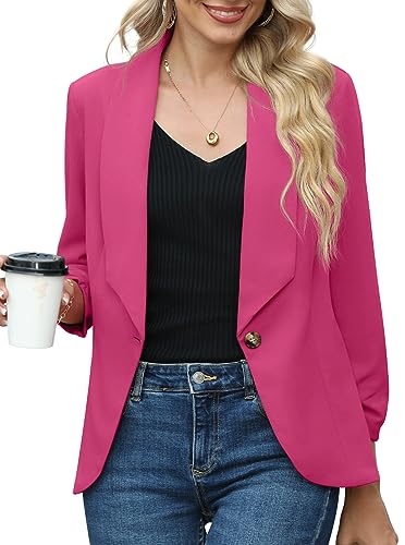 PrinStory Blazer Für Damen 3/4 Geraffte Ärmel Blazer Geschäft Büro Blazer Anzug Sportlich Jack Trenchcoat (Heißes Rosa, EU 42-44) von PrinStory