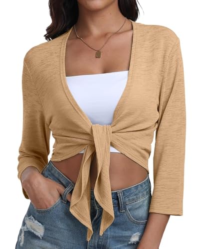 PrinStory Bolero Damen 3/4 Ärmel Leichte Strickjacke Damen Sommer Kurze Bolero Jäckchen Shrug Oberteil Elegant Krawatte Front Cardigan (Khaki,XL) von PrinStory