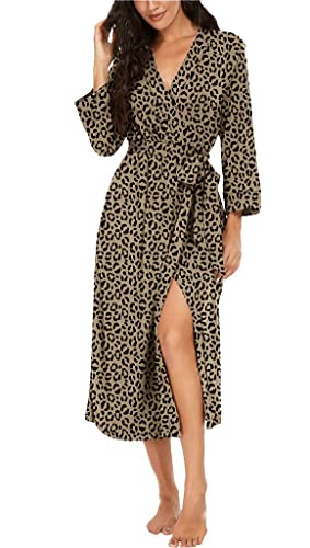 PrinStory Damen Bademantel Lang Leichter Frauen Morgenmantel V-Ausschnitt Kimono Robe Gestrickt Lässig Morgenrock (FP-Leopard Khaki, XL) von PrinStory