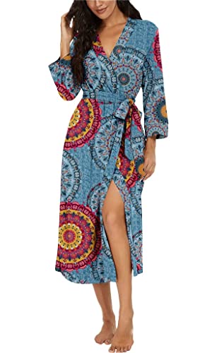 PrinStory Damen Bademantel Leichter Morgenmantel Langer Kimono Roben Strick Nachtwäsche V-Ausschnitt Lässige Morgenrock Weicher Strick Saunamantel (FP-Mix Blau, XXL) von PrinStory