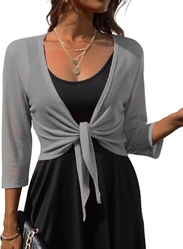 PrinStory Damen Bolero 3/4 Ärmel Leichte Strickjacke Damen Sommer Krawatte Front Shrug V-Ausschnitt Weich Oberteil (Grau,XXL) von PrinStory