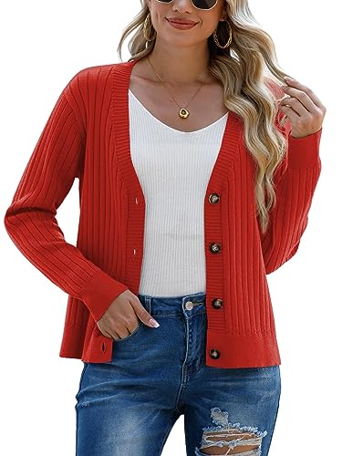 PrinStory Damen Cardigan Kurze Strickjacke Langarm Pullover Strickjacke Für Damen Winter Herbst Casual Pullover (Rostrot, M) von PrinStory