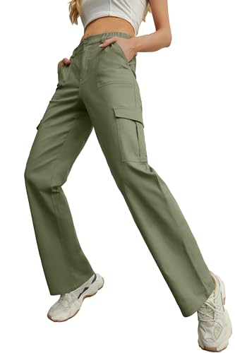 PrinStory Damen Cargohose Baggy Y2K Multitaschestretch-Wanderhosen Mit Hoher Taille Sport Jogginghose (Armee Grün, XS) von PrinStory