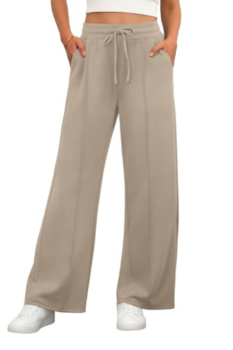 PrinStory Damen Elastisch Hohe Taille Hose Casual Weite Bein Stoffhose Kordelzug Freizeithose Yogahose Mit Taschen (Kaffeegrau, L) von PrinStory