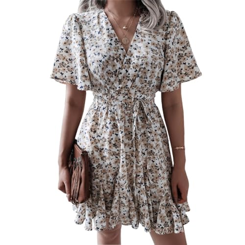 PrinStory Damen Floral Print A-Linie Minikleid Kurze Ärmel Kleid Für Sommer und Frühling (Khaki, XXL) von PrinStory