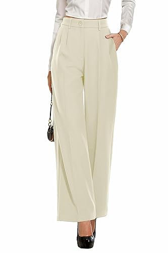 PrinStory Damen Hose Mit Weitem Bein Leichte Elastische Taille Sommer Hose Mit Taschen Kausale Büro Business Hosen (Beige, 40-42) von PrinStory