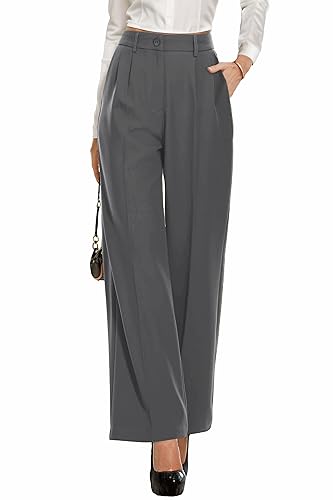 PrinStory Damen Hose Mit Weitem Bein Leichte Elastische Taille Sommer Hose Mit Taschen Kausale Büro Business Hosen (Dunkelgrau, 34-36) von PrinStory