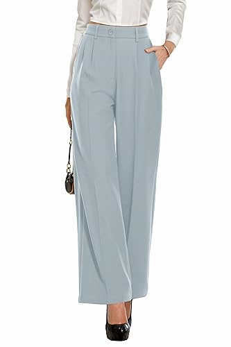 PrinStory Damen Hose Mit Weitem Bein Leichte Elastische Taille Sommer Hose Mit Taschen Kausale Büro Business Hosen (Graublau, 36-38) von PrinStory