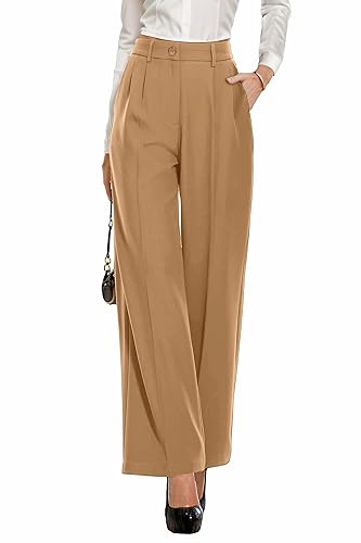 PrinStory Damen Hose Mit Weitem Bein Leichte Elastische Taille Sommer Hose Mit Taschen Kausale Büro Business Hosen (Khaki, 34-36) von PrinStory