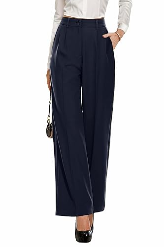 PrinStory Damen Hose Mit Weitem Bein Leichte Elastische Taille Sommer Hose Mit Taschen Kausale Büro Business Hosen (Marineblau, 42-44) von PrinStory