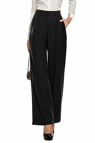 PrinStory Damen Hose Mit Weitem Bein Leichte Elastische Taille Sommer Hose Mit Taschen Kausale Büro Business Hosen (Schwarz, 38-40) von PrinStory