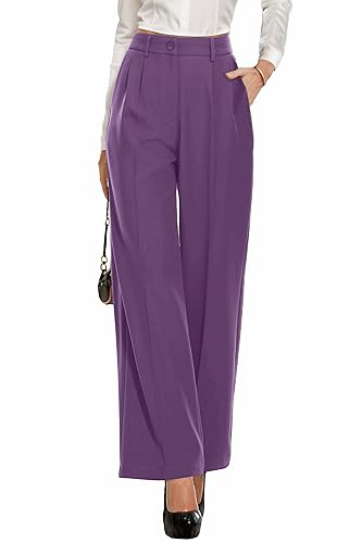 PrinStory Damen Hose Mit Weitem Bein Leichte Elastische Taille Sommer Hose Mit Taschen Kausale Büro Business Hosen (Violett, 34-36) von PrinStory