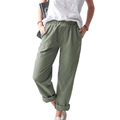 PrinStory Damen-Hosen Leichter Einfarbig Hosen Mit Taschen Damen Lässig Gestrickt Drawstring Trousers Hose Für Damen (Armeegrün, S) von PrinStory