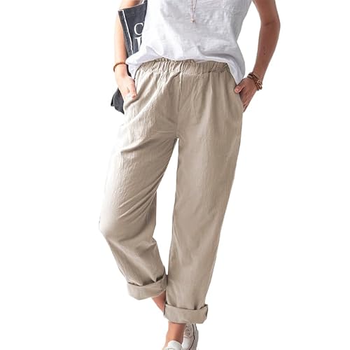 PrinStory Damen-Hosen Leichter Einfarbig Hosen Mit Taschen Damen Lässig Gestrickt Drawstring Trousers Hose Für Damen (Khaki, M) von PrinStory