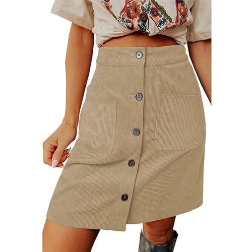 PrinStory Damen Knee Length Cord Rock Mit Taschen Solid Farbe Hohe Taille Knopf Vorne A-Linie Röcke (Aprikose, XXL) von PrinStory