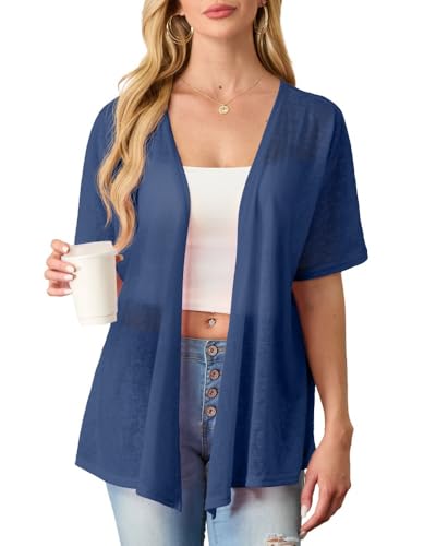 PrinStory Damen Kurzarm Leichte Strickjacke Sommer Cardigan Atmungsaktiv Sonnenschutz Oberteil Frühling Herbst Cardigan (Blau,XL) von PrinStory