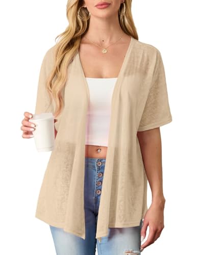 PrinStory Damen Kurzarm Leichte Strickjacke Sommer Cardigan Atmungsaktiv Sonnenschutz Oberteil Frühling Herbst Cardigan (Khaki,L) von PrinStory