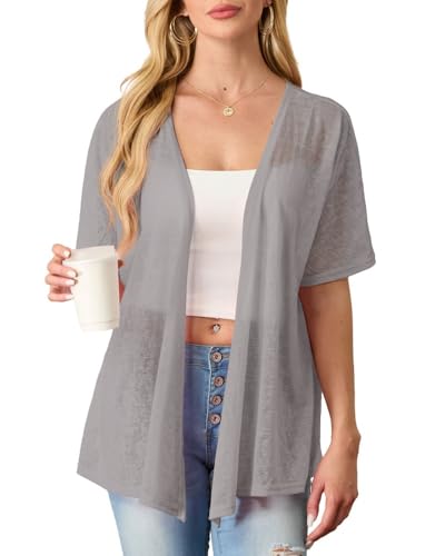 PrinStory Damen Kurzarm Leichte Strickjacke Sommer Cardigan Atmungsaktiv Sonnenschutz Oberteil Frühling Herbst Cardigan (Rauchiges Grau,S) von PrinStory