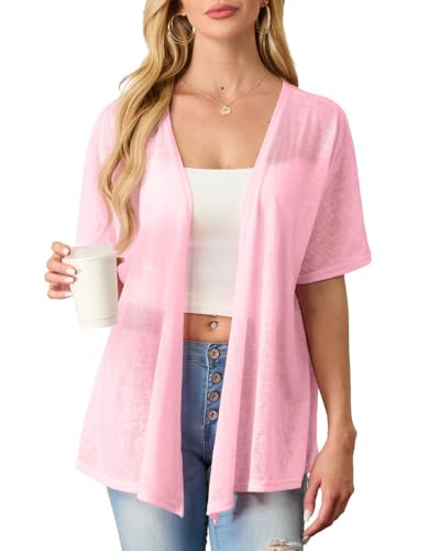 PrinStory Damen Kurzarm Leichte Strickjacke Sommer Cardigan Atmungsaktiv Sonnenschutz Oberteil Frühling Herbst Cardigan (Rose Rosa,L) von PrinStory